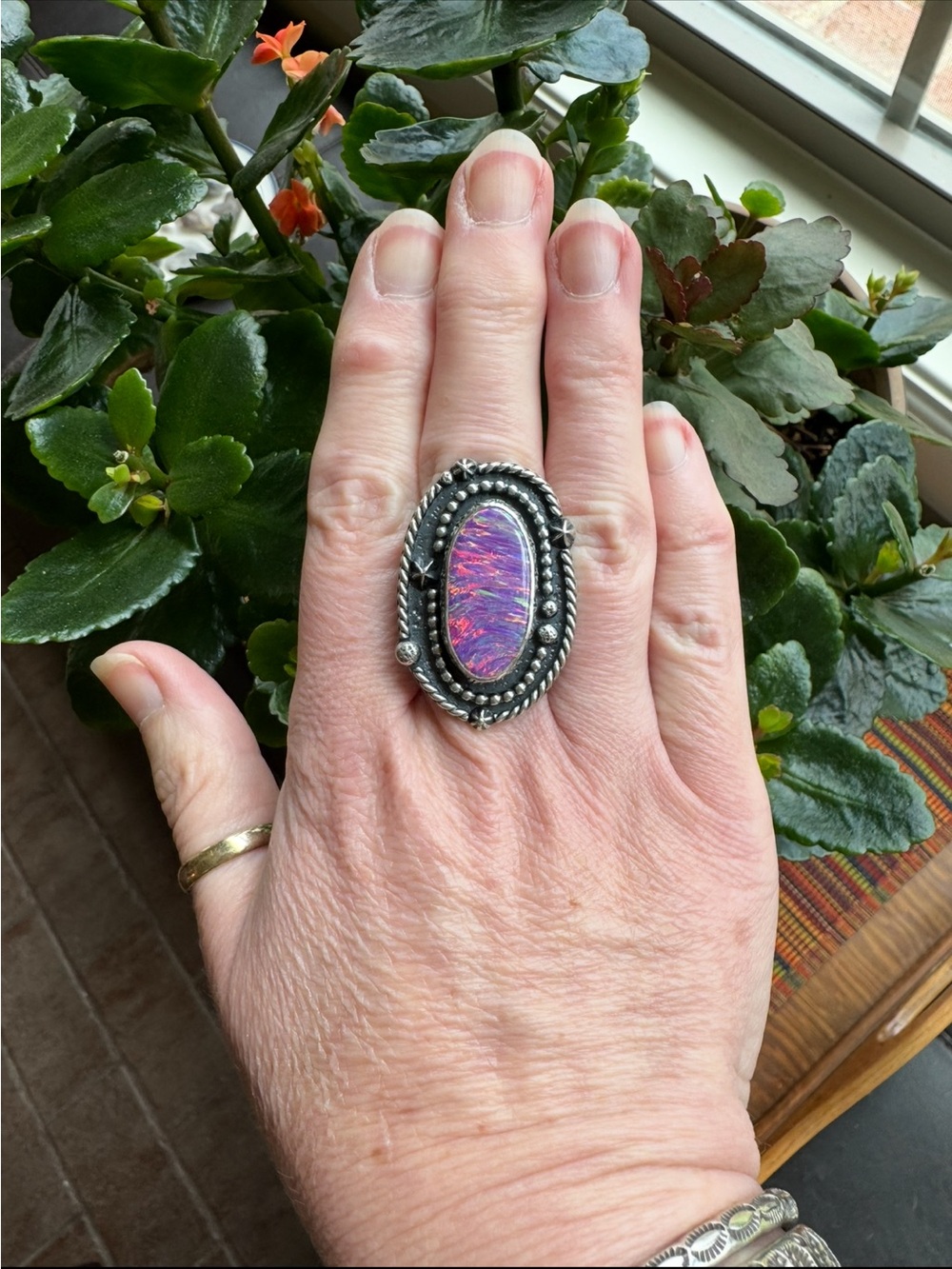 Blue and Blue Artisan Sterling Silver Pink Aura Opal Cosmos Star Statement Ring - Picture 11 of 16
